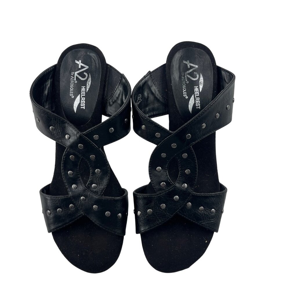 A2 By Aerosoles Black Leather Studded Heeled Sandals‎ 7.5 Heel Rest Technology